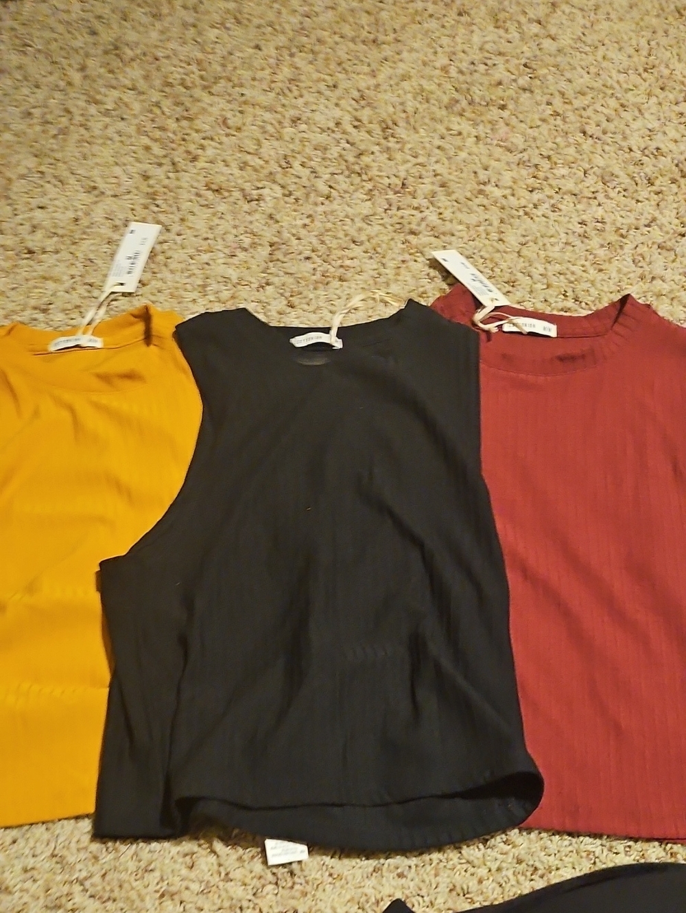 Cotton On Ribbed Sleeveless Tank Top Trio - Mustard, Black, Burgundy
